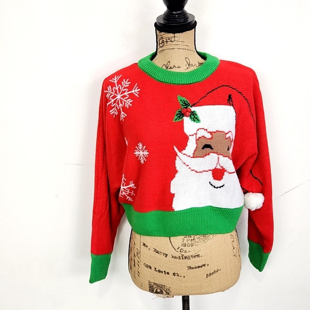 Poof Ugly Christmas Sweater Red Santa Hat Long Sleeve Crew Neck sz M
